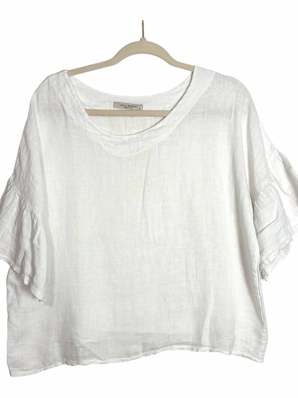 Viola Borghi Shirt Size L White 100% Linen Top Flutter Sleeve Lagenlook Boxy Fit